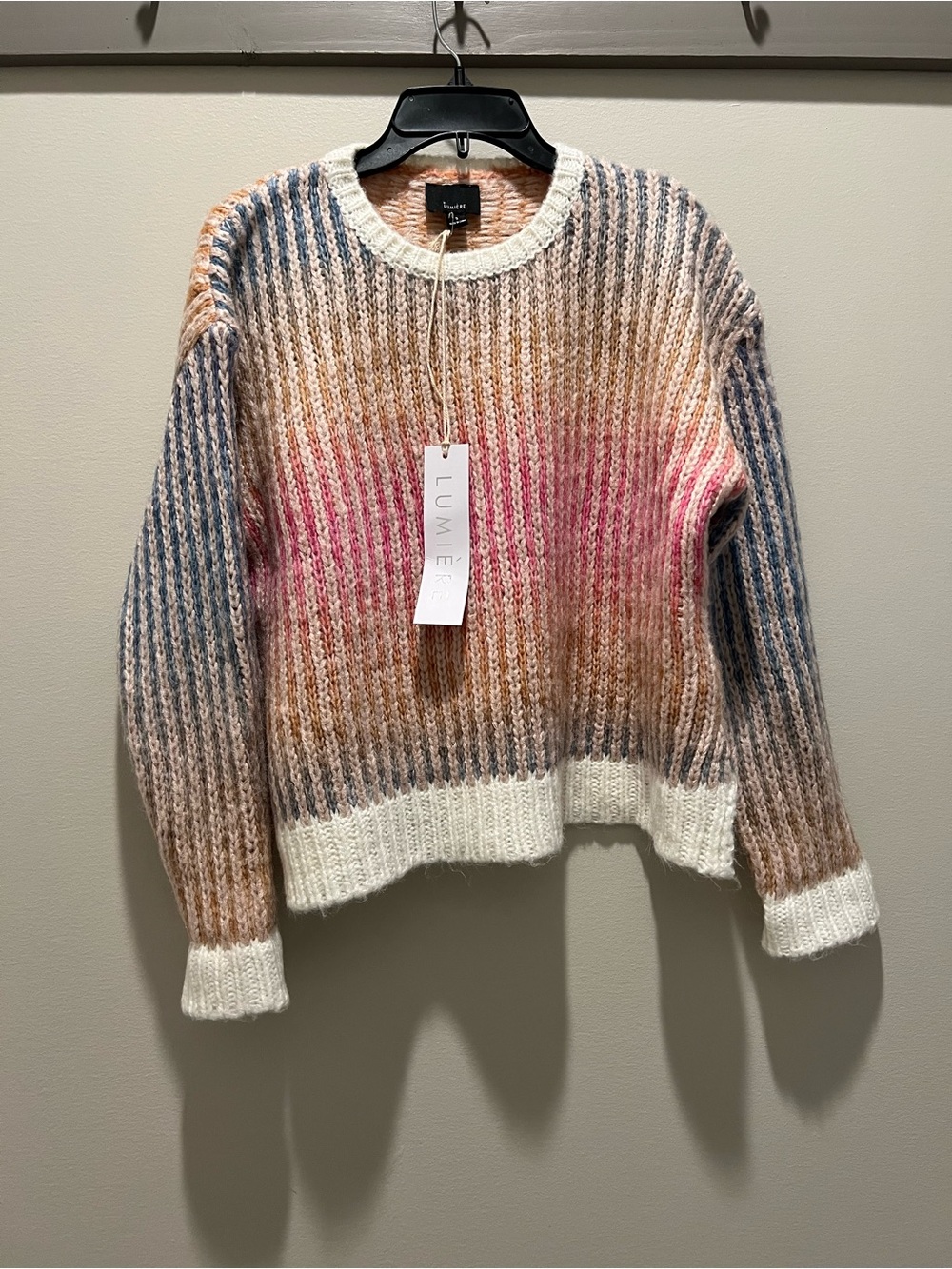 Lumiére Multicolor Ribbed Crewneck Sweater - Pink & Cream NWT